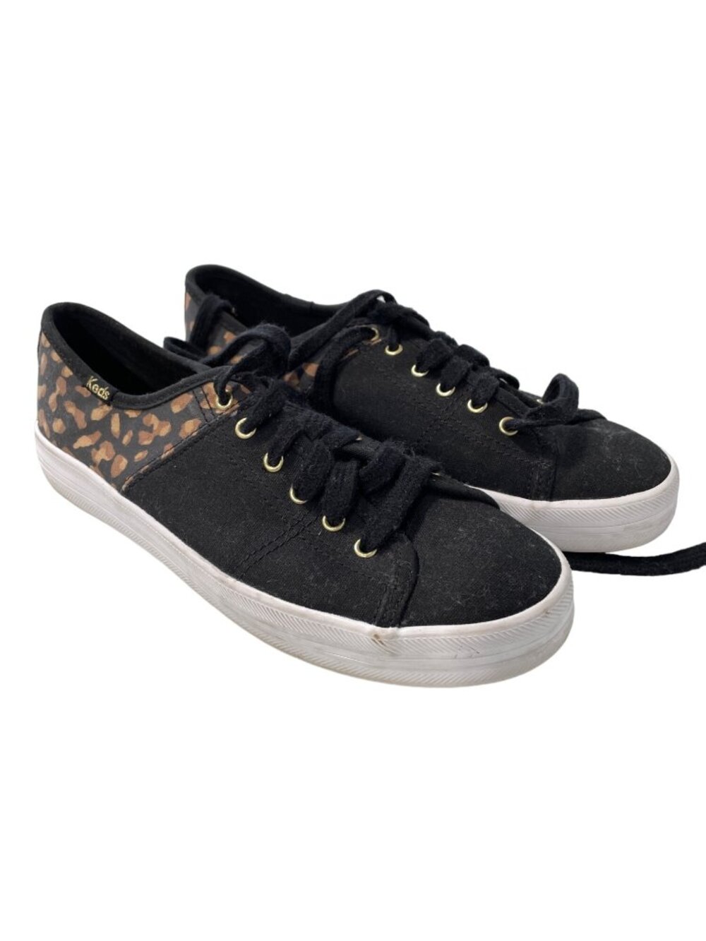 Keds Kickstart Sneaker Size 6 50/50 Canvas Lace Up Solid Black Leopard Print